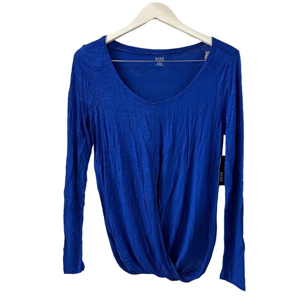 A.N.A. Pop Over Blouse Womens M Long Sleeve Cross Over Hem Royal Blue Rayon NEW